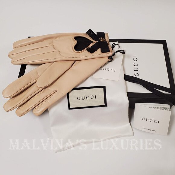 GUCCI GLOVES 477970 BEIGE LEATHER HEART CUT-OUT CAT FELINE HEAD - Picture 6 of 12